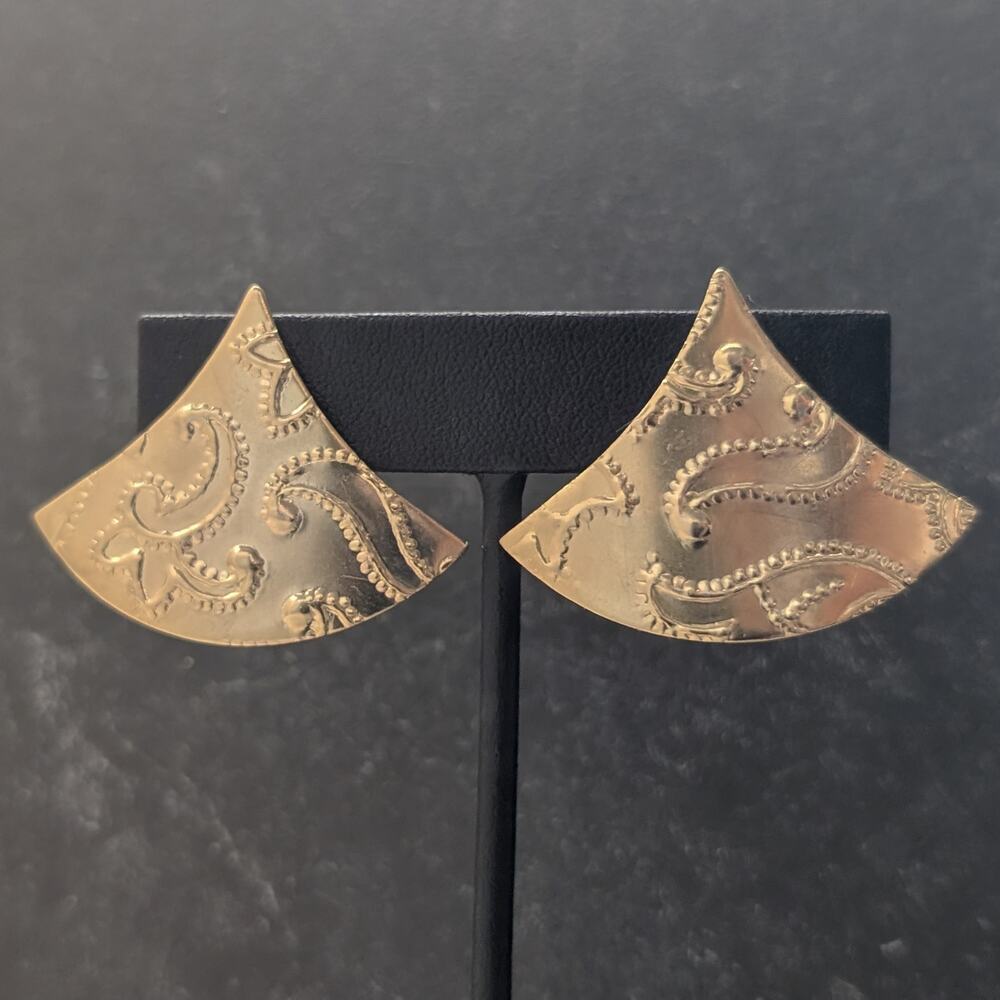 Vintage Clip On Earrings Large Stylish Damask Gold Tone Triangle Statement